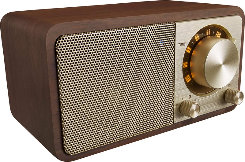 SANGEAN سماعة بلوتوث ميني Sangean WR-7GW مع خزانة خشبية ومشغل FM ومدخل Aux - إصدار خاص باللون الذهبي/الجوز - Image 2